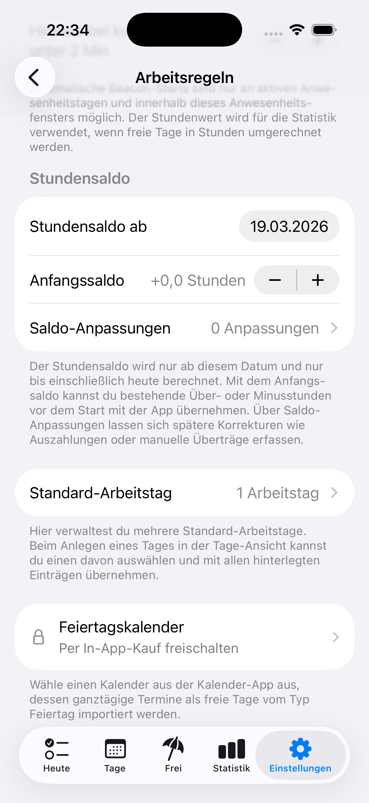 Deskit Einstellungen für den Stundensaldo