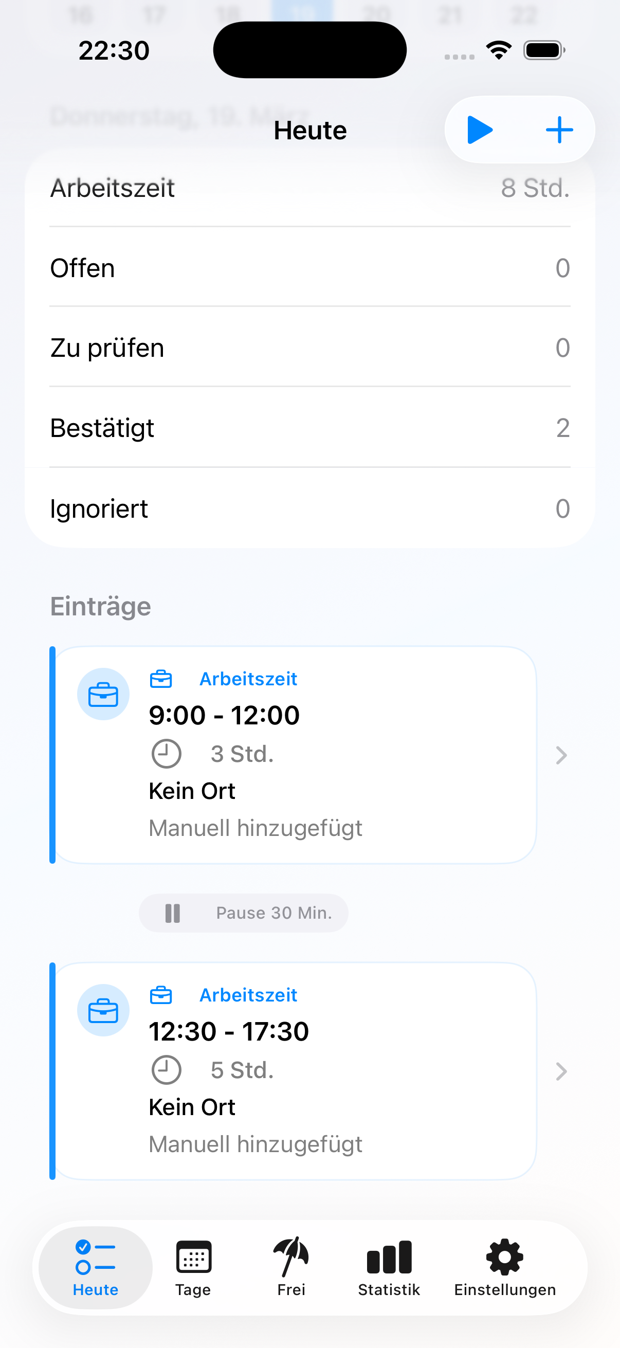 Deskit Heute-Ansicht mit vorbereiteten Einträgen