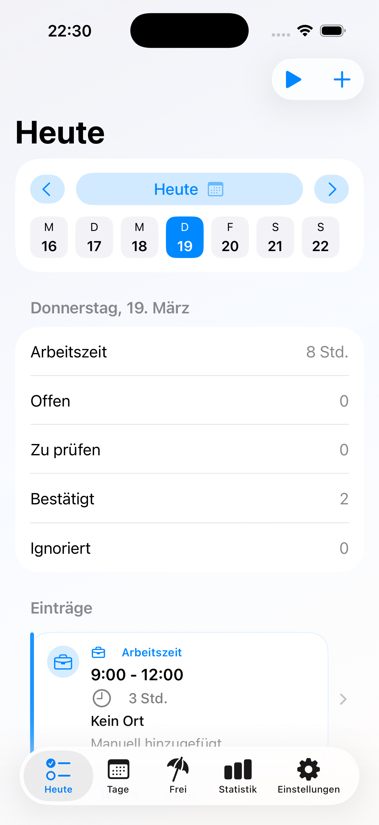Deskit Heute-Ansicht mit automatisch vorbereiteter Arbeitszeit
