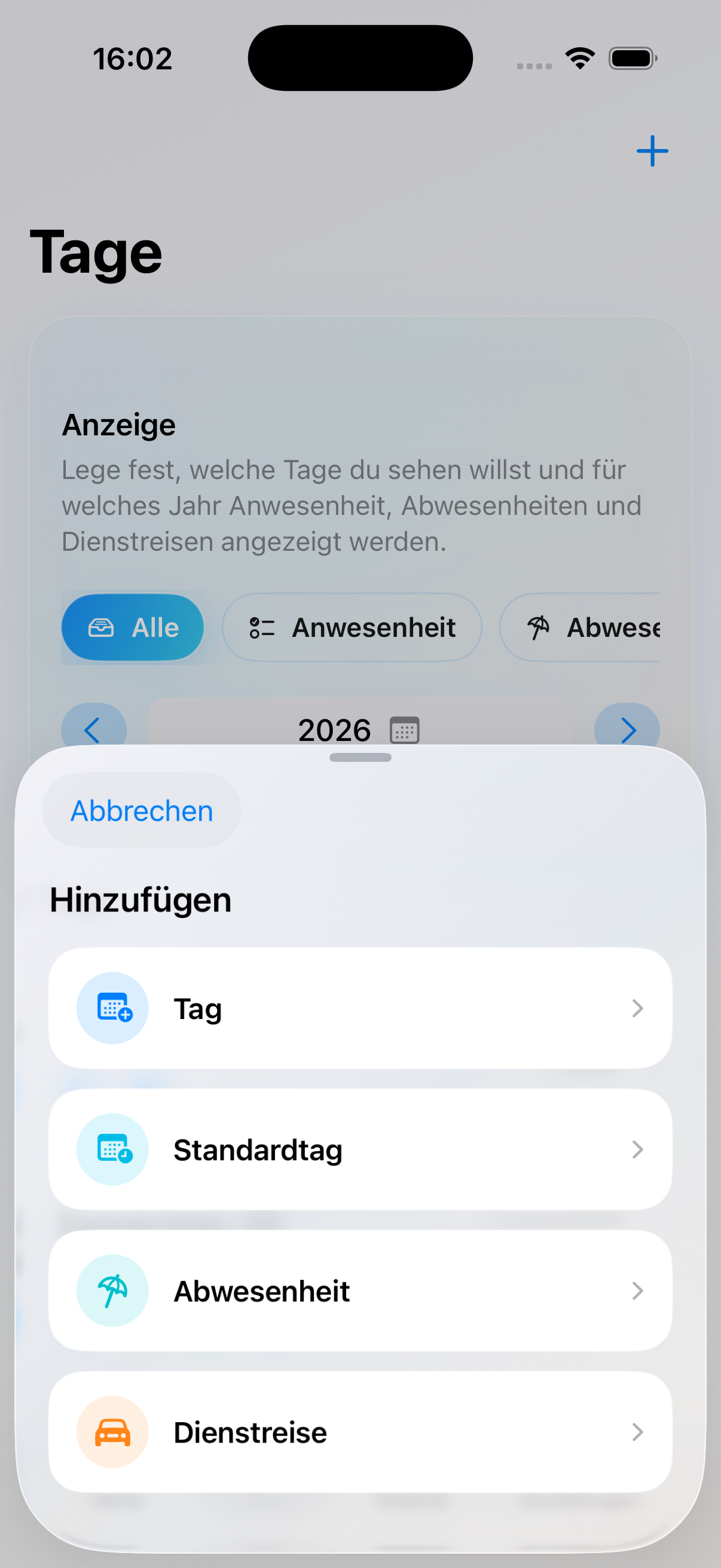 Deskit Auswahl zum Hinzufügen von Tagen, Abwesenheiten und Dienstreisen