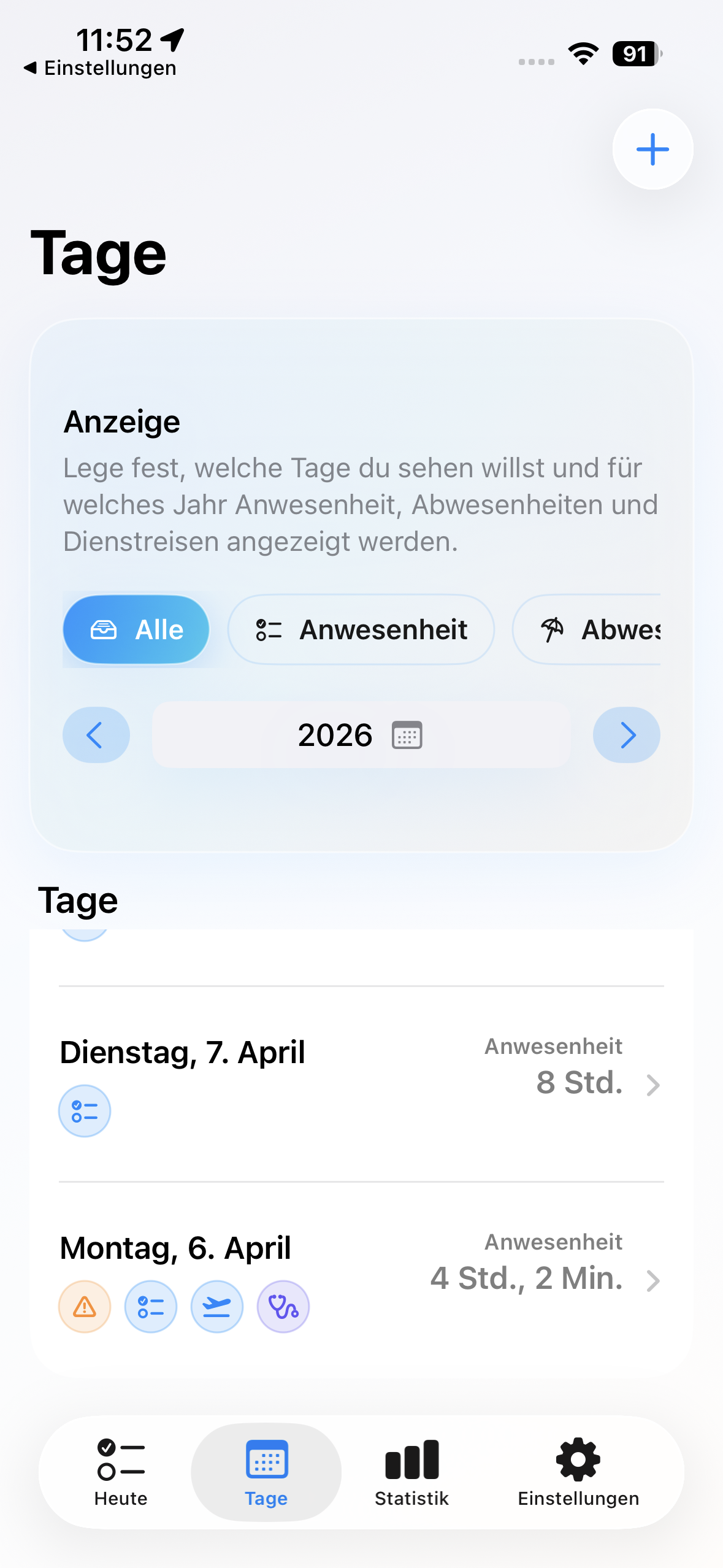 Deskit Tage-Ansicht mit Filtern für verschiedene Eintragstypen