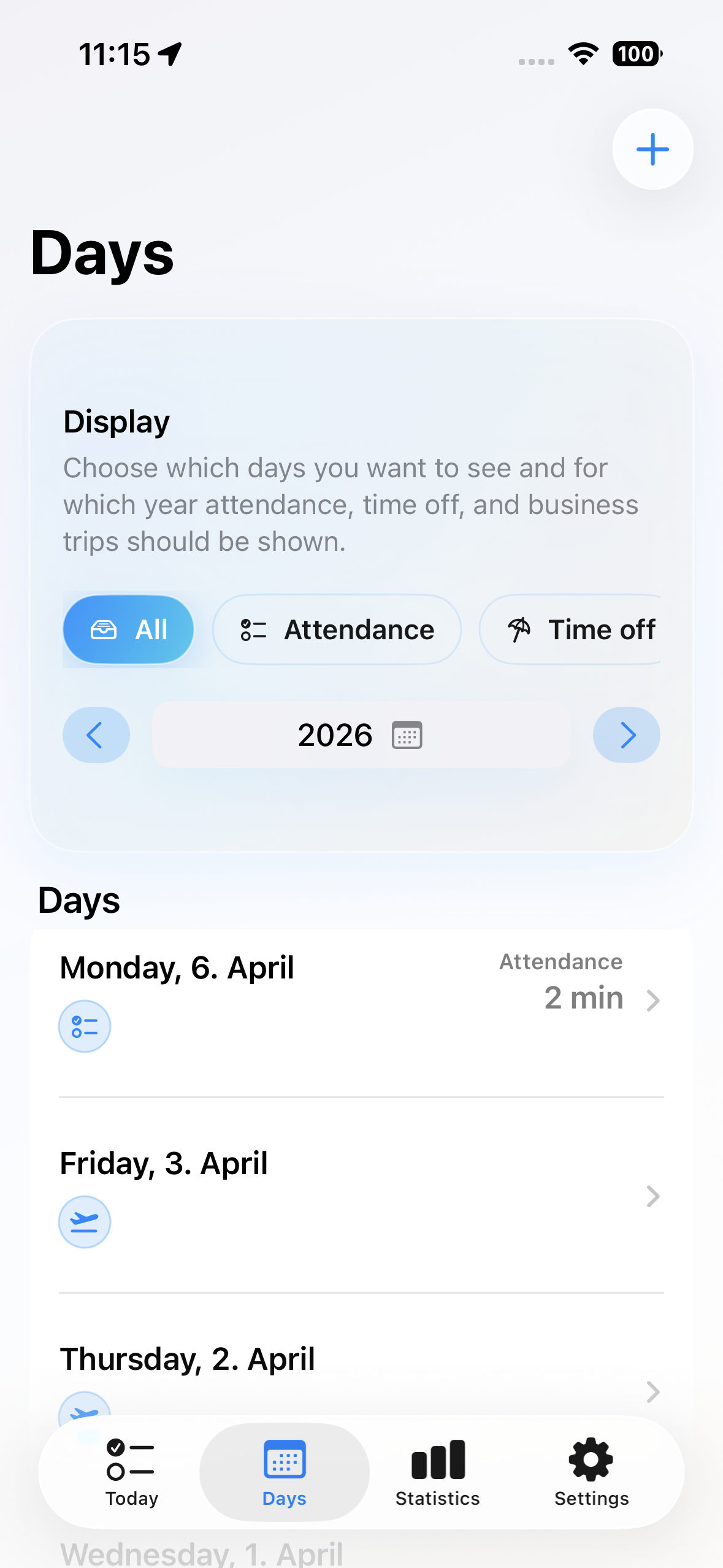 Deskit days overview with filters for different entry types