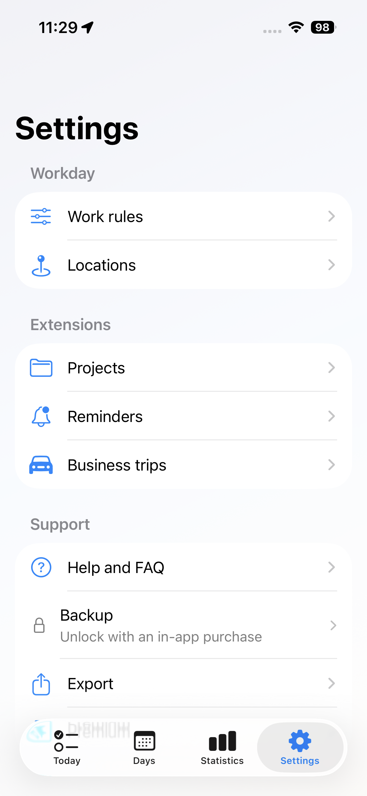 Deskit settings view with rules, places, projects, reminders, and business trips