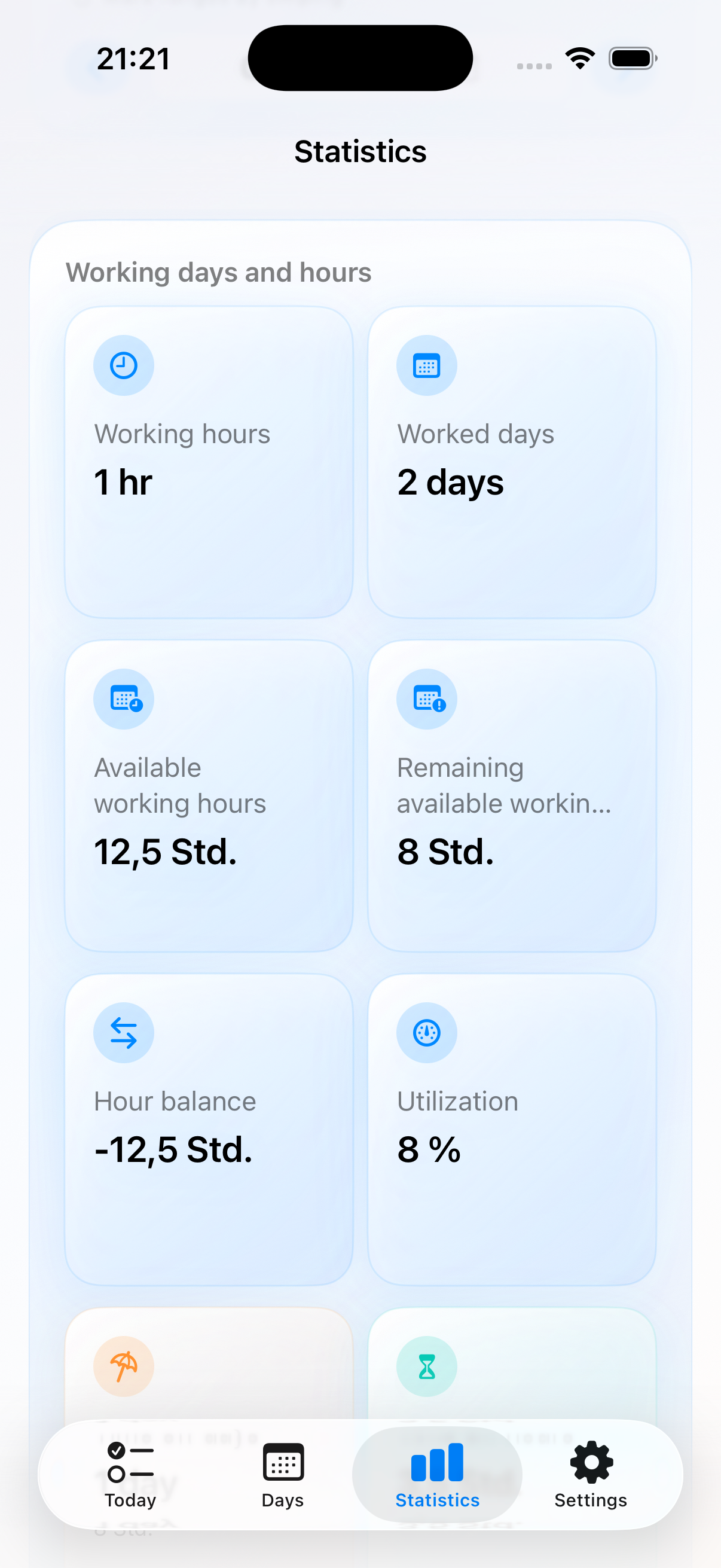 Deskit statistics cards showing balances and available time