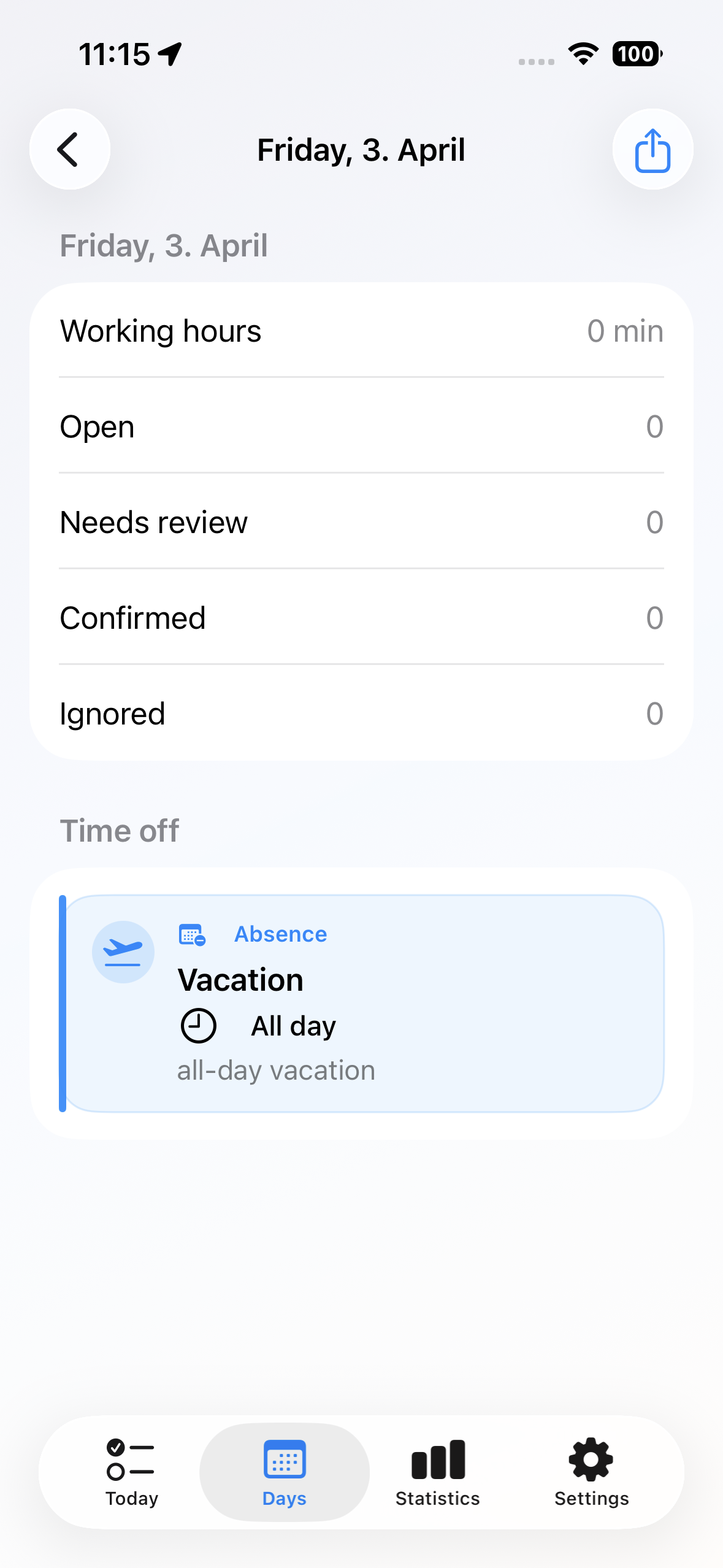 Deskit day detail with a time off entry