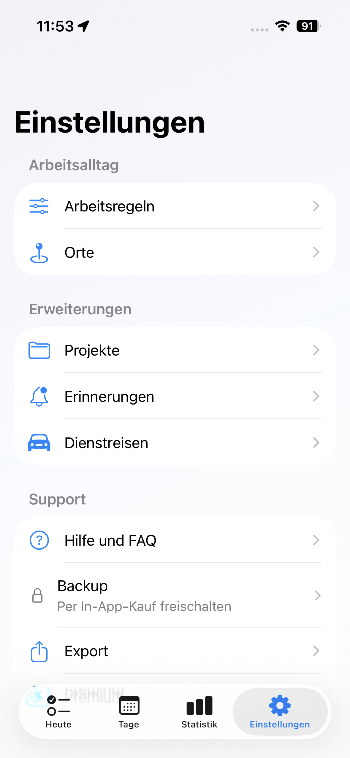 Deskit Einstellungsansicht mit Regeln, Orten, Projekten, Erinnerungen und Dienstreisen