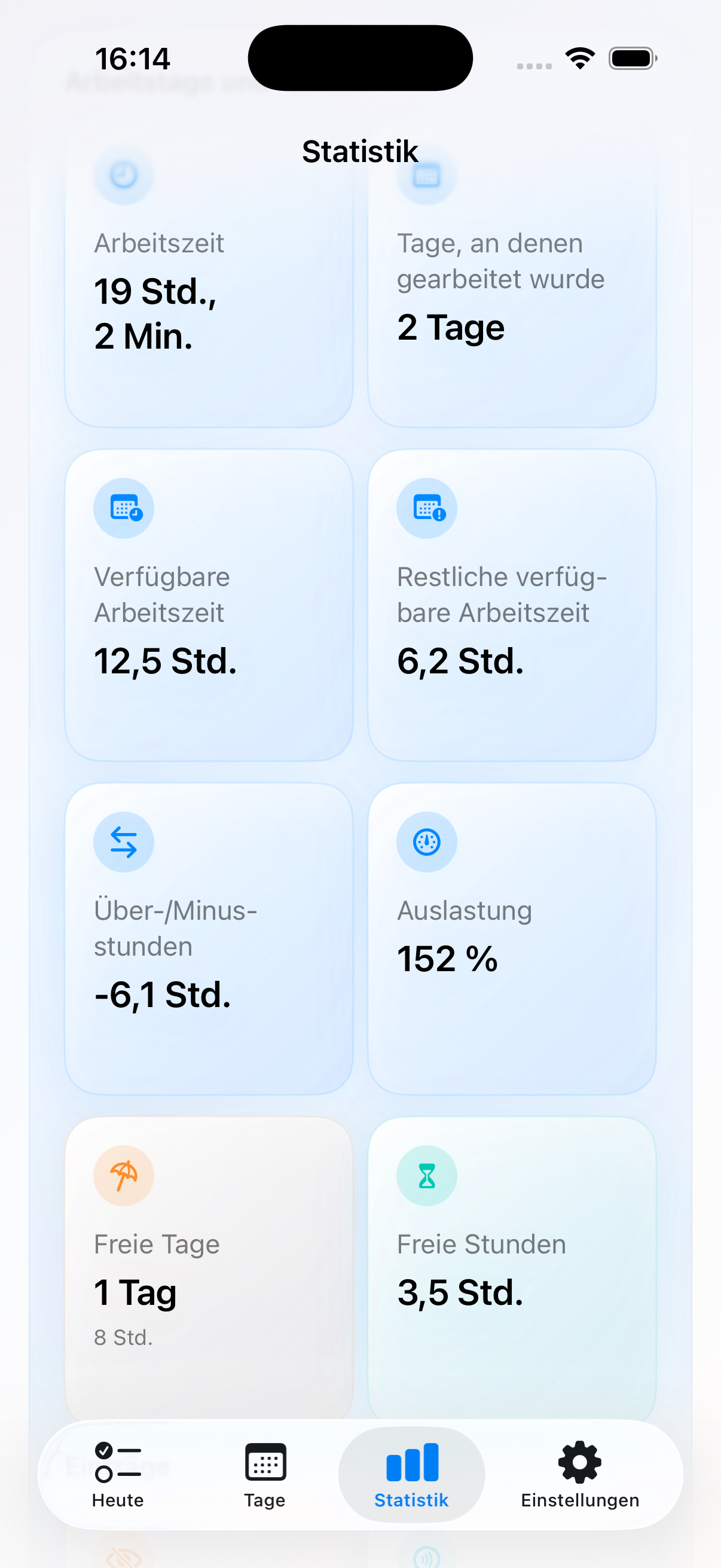 Deskit Statistik-Kacheln mit Salden und verfügbarer Zeit
