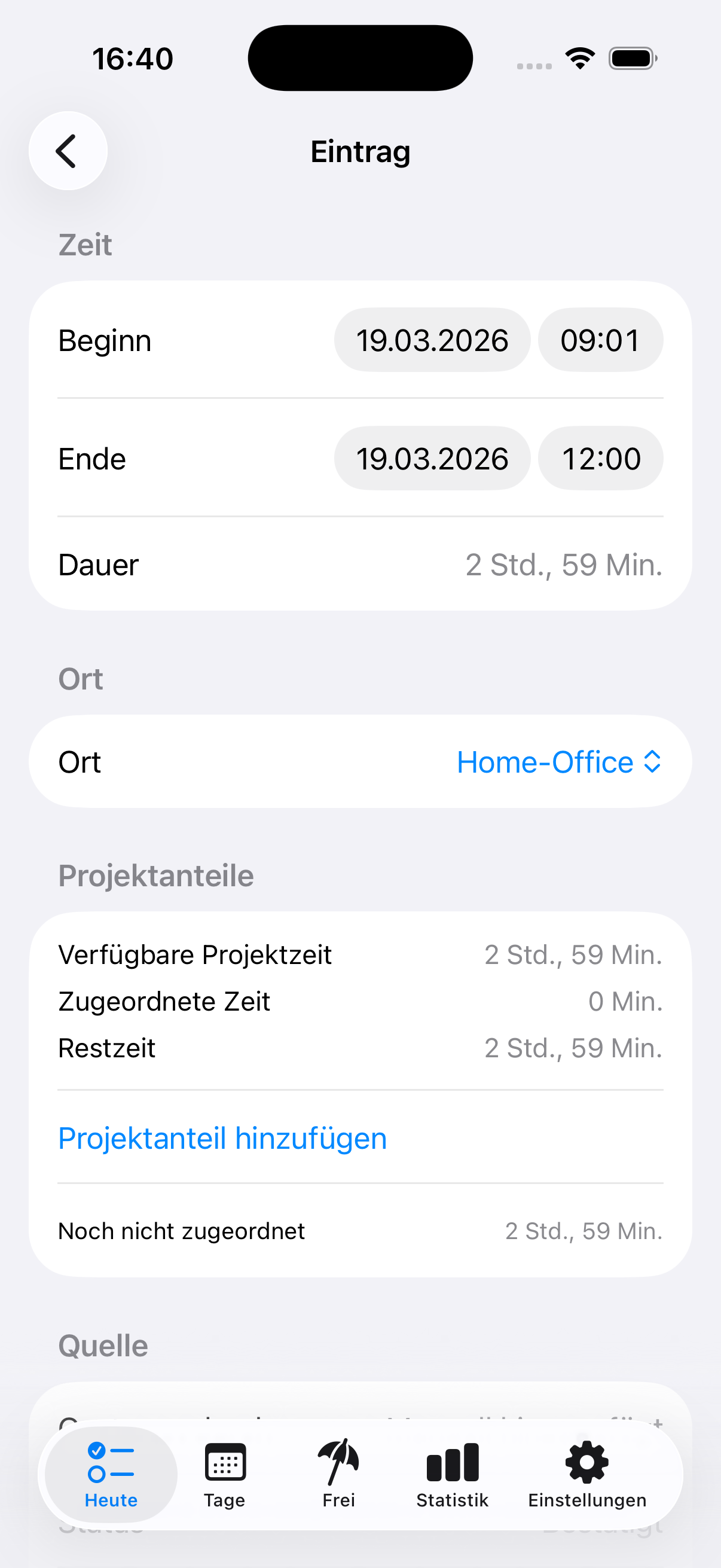 Deskit Projektzuordnung für einen Arbeitseintrag